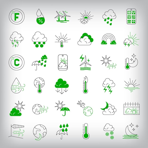 Conjunto de 36 iconos meteorológicos y meteorológicos Diferentes diseños meteorológicos lineales