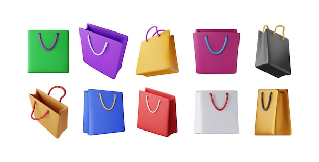 Conjunto 3D de bolsas de compras aisladas en blanco