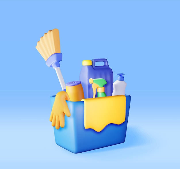 Conjunto 3D de herramientas de limpieza para el hogar aisladas