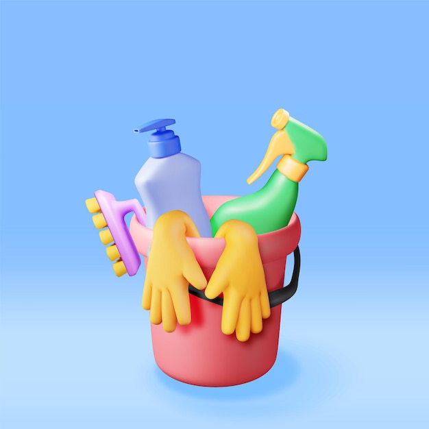 Conjunto 3D de herramientas de limpieza para el hogar aisladas