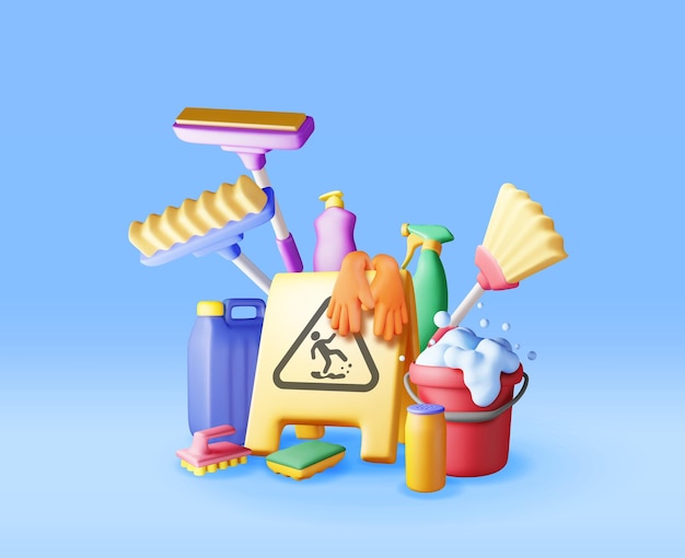 Conjunto 3D de herramientas de limpieza para el hogar aisladas