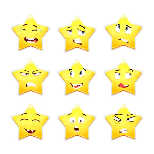 Conjunto 3D de nueve estrellas sonrientes lindas con diferentes expresiones faciales
