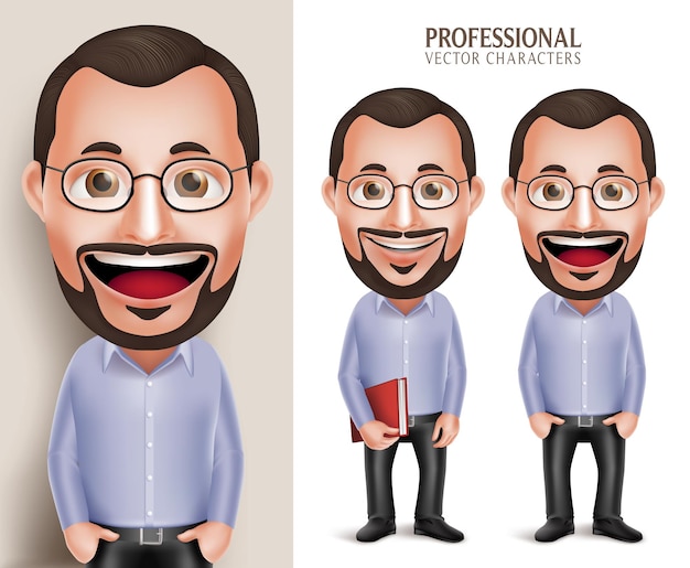 Conjunto de 3d realista profesional viejo profesor profesor hombre vector carácter holding libro