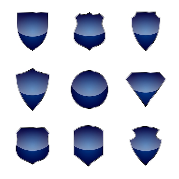 Vector conjunto de 3d shiny blue shield metal icon