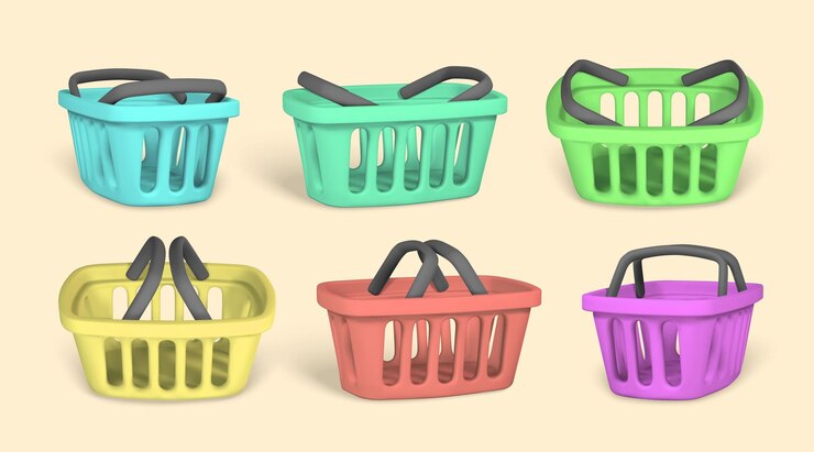 Vector conjunto de 3d vacío azul rojo verde y amarillo cestas de compras concepto de compras ilustración vectorial
