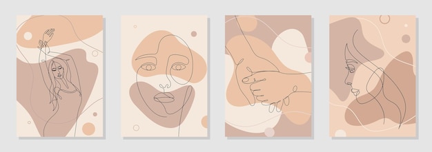 Conjunto de 4 carteles de arte de pared Una sola línea dibujada mujer joven figura cuerpo belleza cara manos mostrando amor