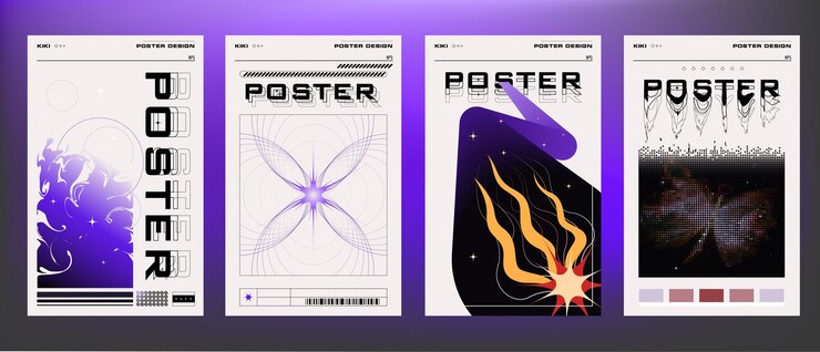 Conjunto de 4 carteles de espacio vectorial en estilo brutalismo Ilustraciones futuristas