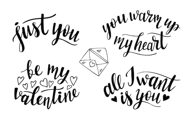 Conjunto de 4 citas vectoriales de letras a mano para el día de San Valentín