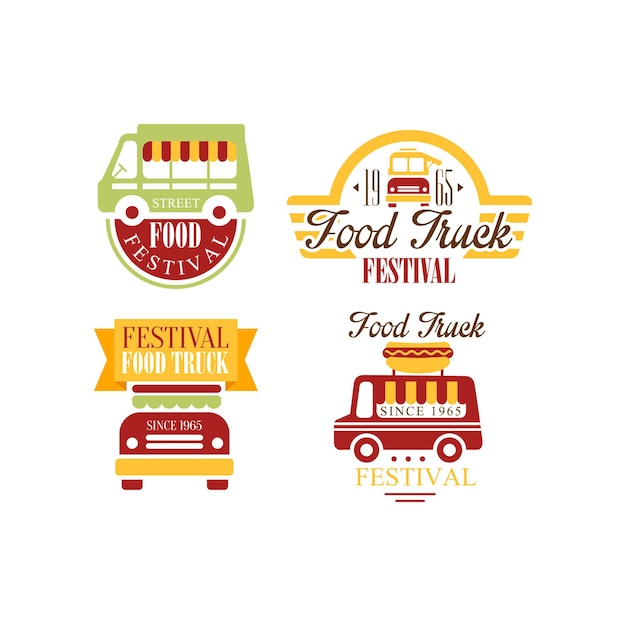 Conjunto de 4 coloridas plantillas de logotipo de emblema de camión de comida con letras Street snack Diseño gráfico creativo para carteles publicitarios o folletos del festival Ilustraciones vectoriales aisladas en fondo blanco