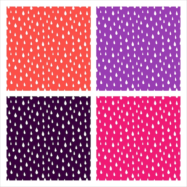 Conjunto de 4 coloridos patrones sin fisuras con gotas de lluvia blanca