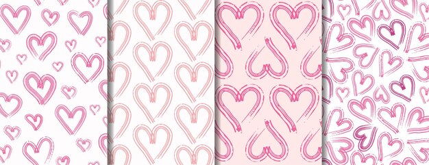 Conjunto de 4 corazones de color rosa dibujados a mano de patrones sin fisuras en el fondo Formas simples para papel de regalo