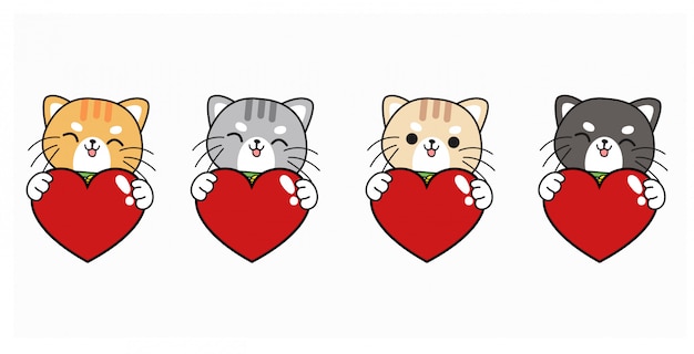 Conjunto de 4 gatos kawaii. gatos abrazando corazón rojo para el día de san valentín.