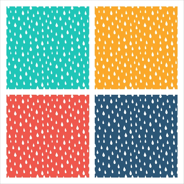 Conjunto de 4 patrones coloridos sin costuras con gotas de lluvia blancas