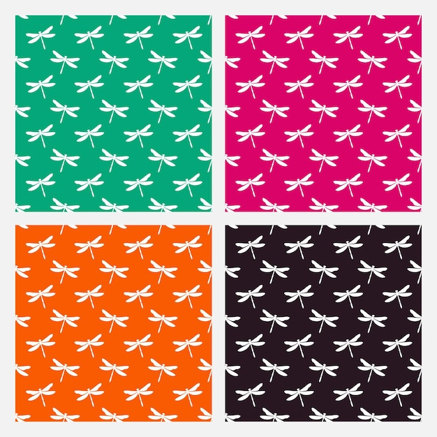 Conjunto de 4 patrones sin fisuras de colores con libélulas blancas