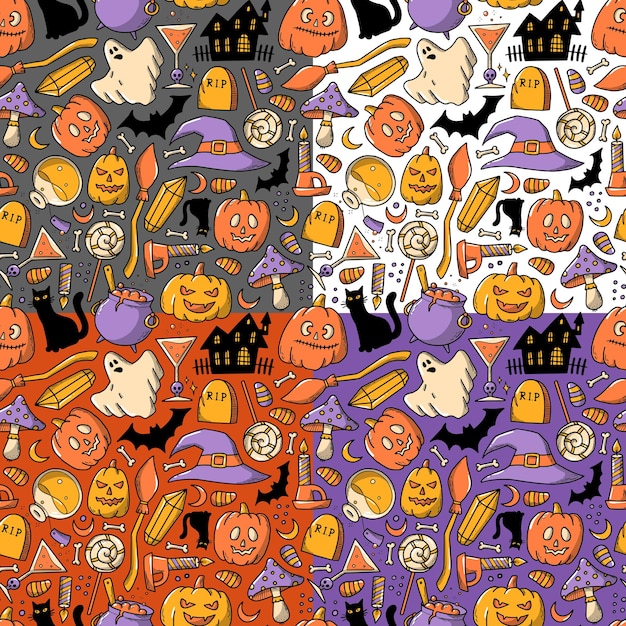 Vector conjunto de 4 patrones de halloween seamelss