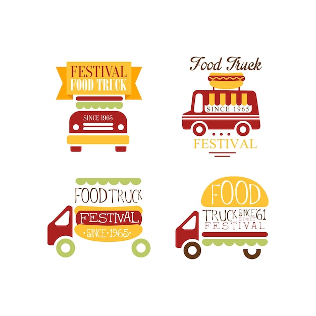 Conjunto de 4 plantillas de logotipo para el festival de camiones de comida Emblemas coloridos con hamburguesa y hot dog Comida callejera Tema de comida rápida Diseño para afiches promocionales o pancartas Iconos vectoriales aislados en fondo blanco