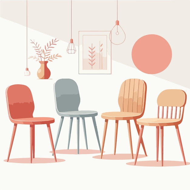 Vector conjunto de 4 sillas en un estilo de diseño plano simple y minimalista con un fondo blanco sencillo