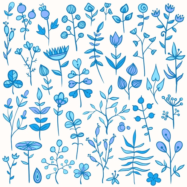 Conjunto de 40 elementos florales dibujados a mano Diferentes flores hojas bayas y otros garabatos de la naturaleza