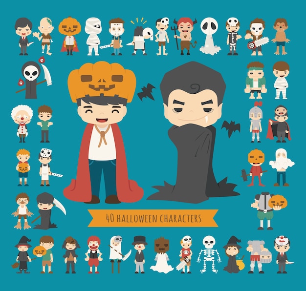 Vector conjunto de 40 personajes de disfraces de halloween