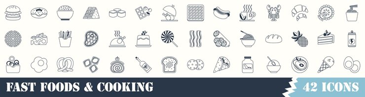 Conjunto de 42 iconos de contorno relacionados con comidas rápidas y cocina Colección de iconos lineales vectoriales Editable