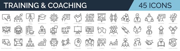Conjunto de 45 iconos de línea relacionados con la formación, el entrenamiento, la tutoría, la educación, la reunión, la conferencia, el trabajo en equipo, la colección de iconos de contorno, el trazo editable, la ilustración vectorial.