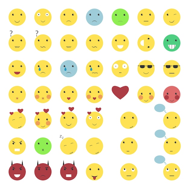 Conjunto de 46 iconos de sonrisa aislado en blanco. colección de caras sonrientes. emoticonos. ilustración de vector eps 10, sin transparencia