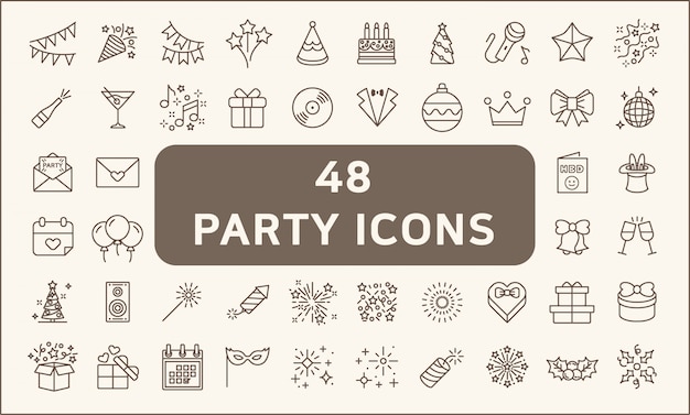 Vector conjunto de 48 estilo de línea de iconos de fiesta y vacaciones. incluye los íconos como globos, cumpleaños, música, fuegos artificiales, regalos, decoración y más.