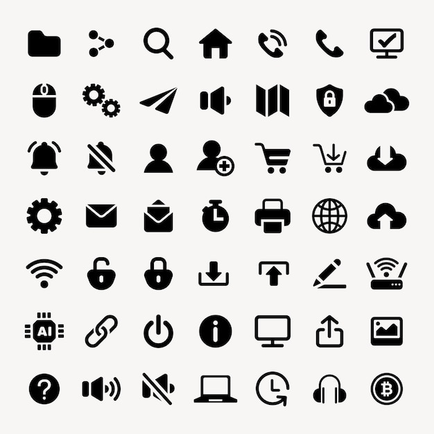 Conjunto de 48 iconos negros tecnología seguridad de comunicación Incluye símbolos para WiFi correo electrónico descarga nube IA y más Perfecto para diseños tecnológicos Conjunto vectorial de iconos de interfaz de usuario