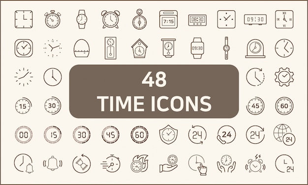 Vector conjunto de 48 tiempo y reloj estilo de línea de iconos. contiene iconos como cronómetro, alarma, reloj, reloj de arena, temporizador y más. personalizar el color, control de ancho de trazo, cambiar el tamaño fácilmente.