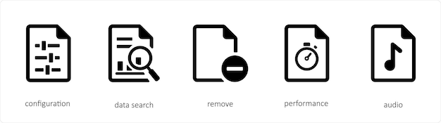 Un conjunto de 5 archivos iconos como la búsqueda de datos de configuración eliminar