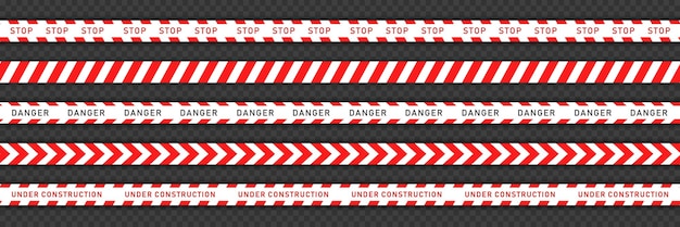 Vector conjunto de 5 cintas rojas con franjas blancas para obras o escena del crimen. línea de advertencia perfecta