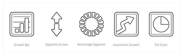 Un conjunto de 5 diagramas e iconos de informe, como la barra de crecimiento frente a las flechas