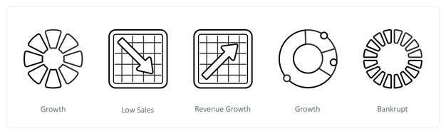 Un conjunto de 5 diagramas e íconos de informe como el crecimiento bajas ventas