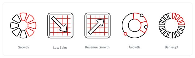 Un conjunto de 5 diagramas e íconos de informe como el crecimiento bajas ventas