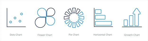 Un conjunto de 5 diagramas e iconos de informe, como el gráfico de barras y el gráfico floral