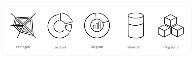 Un conjunto de 5 diagramas e iconos de informe como el gráfico de la torta del pentágono