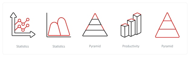 Un conjunto de 5 diagramas e íconos de informe, como la productividad de la pirámide estadística