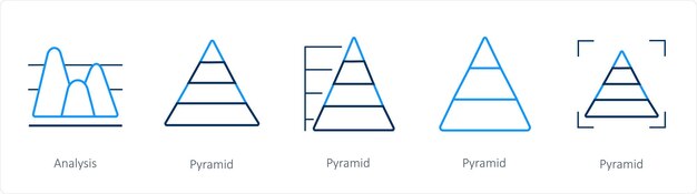 Un conjunto de 5 diagramas e iconos de informe, como el triángulo de la pirámide de análisis