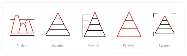 Un conjunto de 5 diagramas e iconos de informe, como el triángulo de la pirámide de análisis