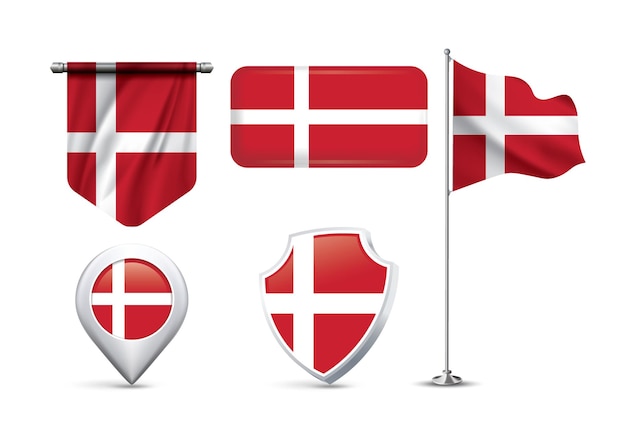 Un conjunto de 5 diseños diferentes de la bandera de Dinamarca en varias formas