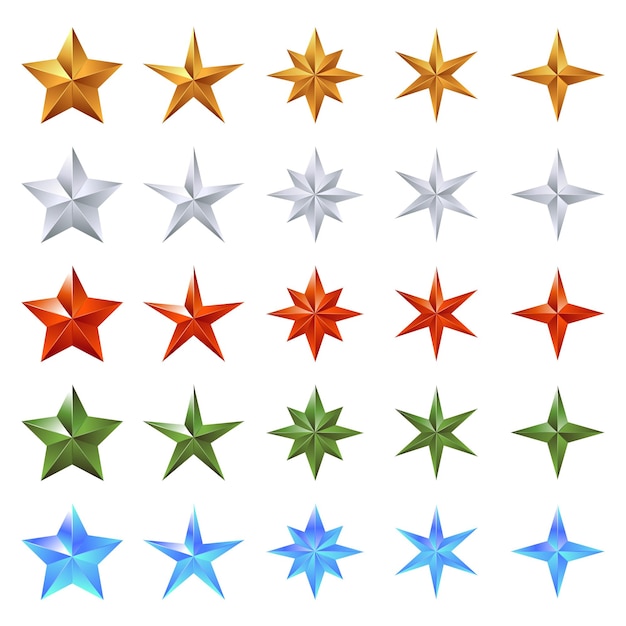 Conjunto de 5 estrellas en diferentes colores brillantes aislado sobre fondo blanco.