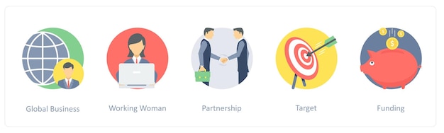 Un conjunto de 5 iconas como la mujer trabajadora de negocios globales