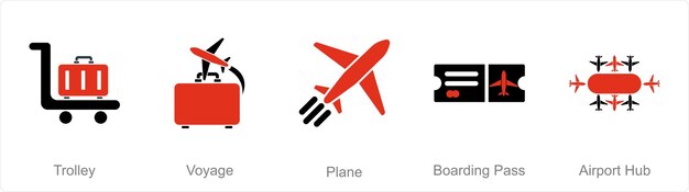 Un conjunto de 5 íconos del aeropuerto como avión de viaje en trolebús