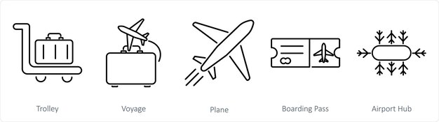 Un conjunto de 5 íconos del aeropuerto como avión de viaje en trolebús