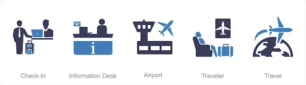 Un conjunto de 5 iconos de aeropuerto como mostrador de información de facturación del aeropuerto