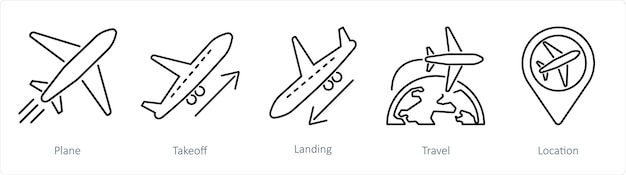 Un conjunto de 5 iconos de aeropuerto mientras el avión despegue y aterriza