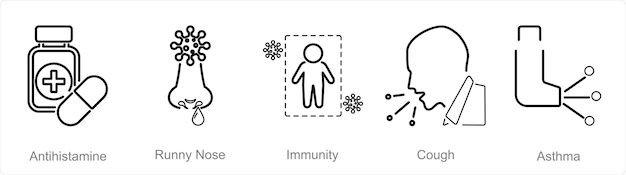 Vector un conjunto de 5 iconos de alergia como antihistamínico para la inmunidad a la secreción nasal