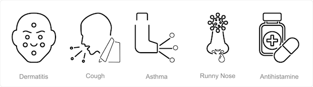 Vector un conjunto de 5 iconos de alergia como dermatitis, tos y asma