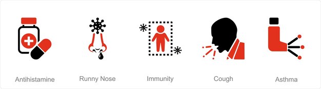 Un conjunto de 5 iconos de alergia como inmunidad antihistamínico a la secreción nasal