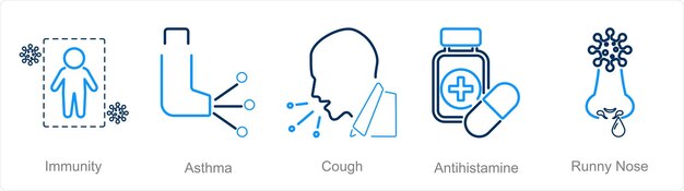 Un conjunto de 5 iconos de alergia como tos de asma inmunidad